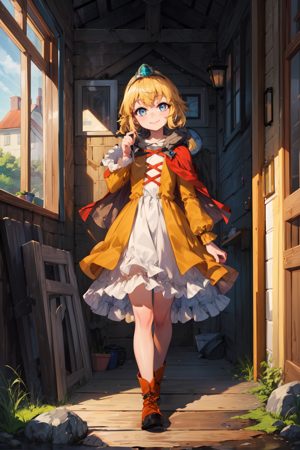 01085-777753652-masterpiece,best quality,1girl,little princess,blonde,crown,cape,boots,blue eyes,(long dress),smile,wooden house,stone trail,_lo.png